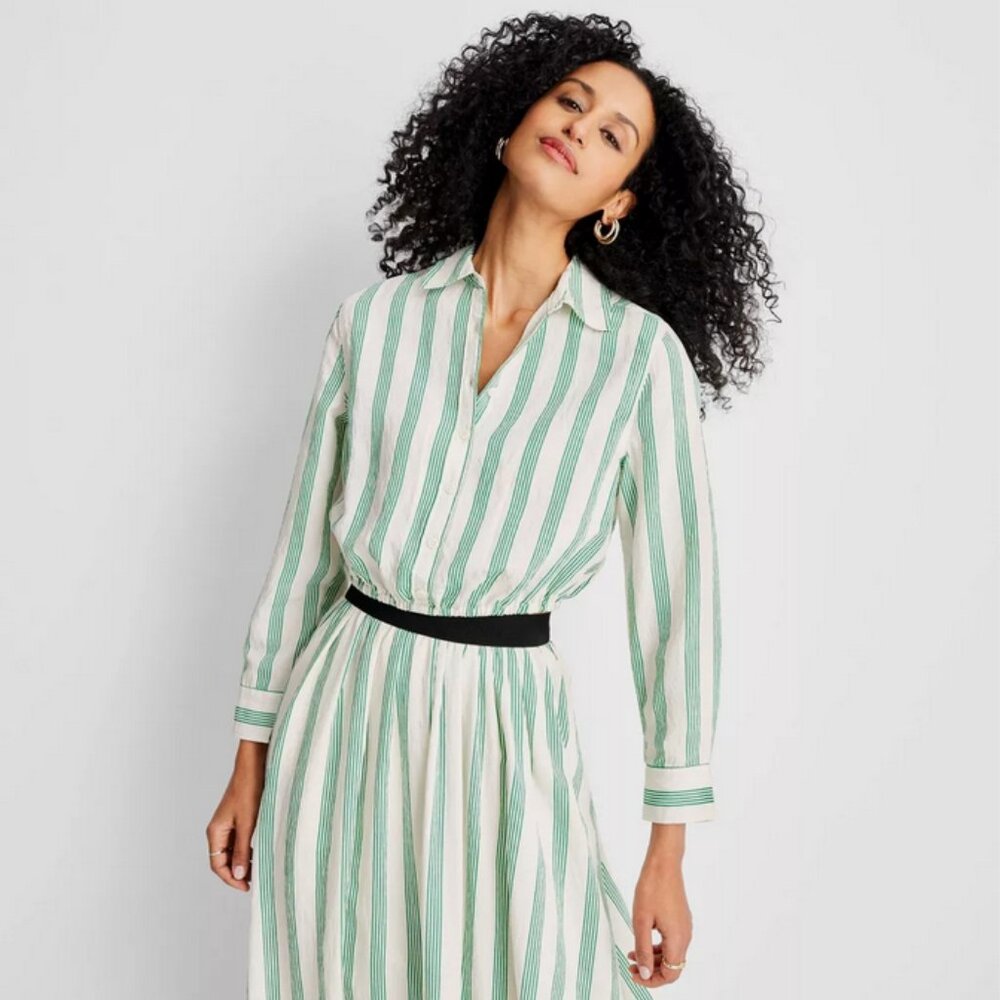 Long Sleeve Collared Button-Down Shirt - Future Collective Green Striped XS